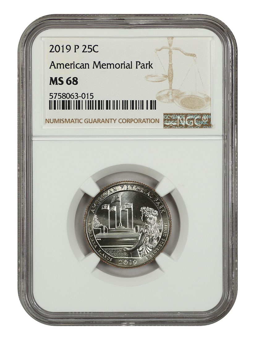 2019-P 25C American Memorial NP NGC MS68 Uncirculated Quarter: 2019-P 25C American Memorial NP NGC MS68 Uncirculated Quarter This 2019-P 25C American Memorial National Park quarter is certified by NGC with a grade of MS68, indicating it is in uncirculated conditi
