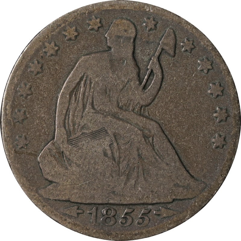 1855 New Orleans Silver Seated Liberty Half Dollar Coin: 1855 New Orleans Silver Seated Liberty Half Dollar Coin This is an 1855-O Seated Half Dollar from the United States, minted in New Orleans. The coin is composed of 90% silver and has been circulated. 