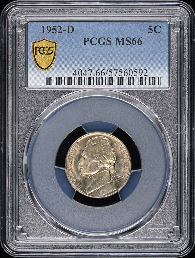 1952-D Jefferson Nickel PCGS MS66 Uncirculated Coin: 1952-D Jefferson Nickel PCGS MS66 Uncirculated Coin This 1952-D Jefferson Nickel is certified by PCGS with a remarkable grade of MS66, indicating its uncirculated condition. Minted in Denver, this coi
