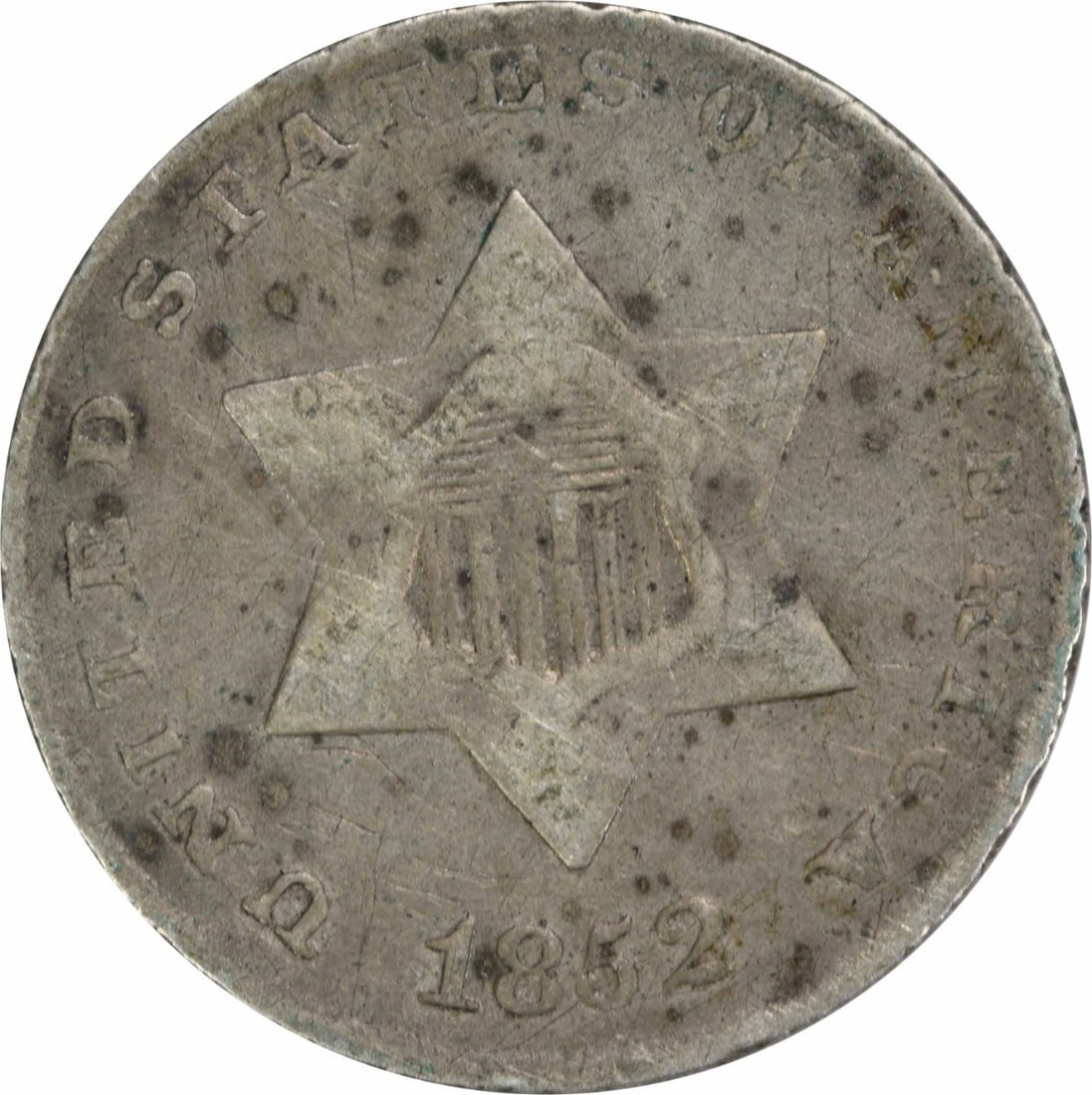 1852 Three Cent Silver Coin Uncertified F Grade USA: 1852 Three Cent Silver Coin Uncertified F Grade USA This 1852 Three Cent Silver coin, minted in Philadelphia, features a composition of 75% silver and 25% copper. It is classified as circulated and gr
