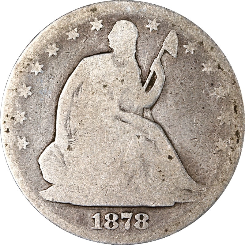 1878 Philadelphia Mint Silver Half Dollar Coin: 1878 Philadelphia Mint Silver Half Dollar Coin This is an 1878-P Seated Half Dollar composed of silver with a fineness of 0.9. The coin is circulated and pre-owned. It was minted in 1878 at the P mint