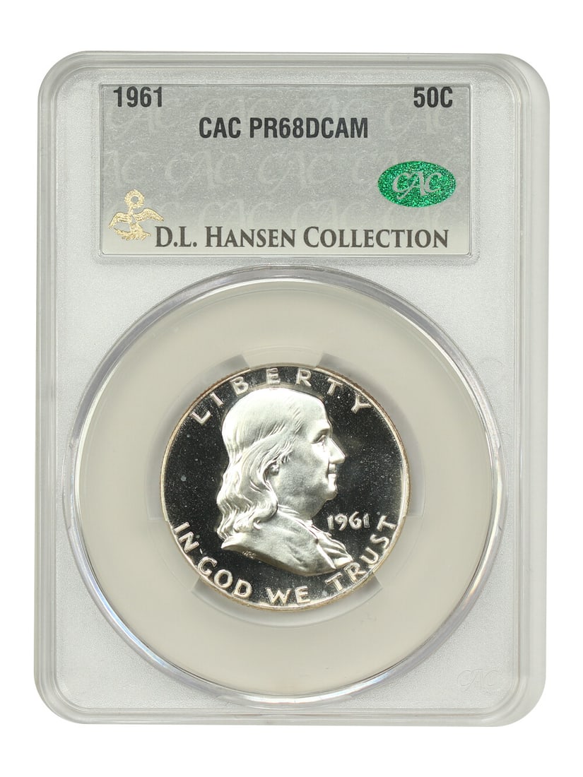 1961 Franklin Half Dollar PR68DCAM CACG Certified D.L. Hansen: 1961 Franklin Half Dollar PR68DCAM CACG Certified D.L. Hansen Presenting a stunning 1961 Franklin Half Dollar, certified by CACG with a PR68DCAM grade. This uncirculated coin features remarkable contr