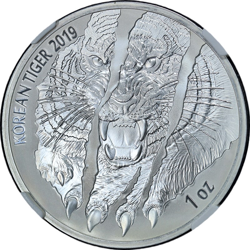 NGC MS70 2019 Korean Tiger 1 oz Silver Coin from South Korea: NGC MS70 2019 Korean Tiger 1 oz Silver Coin from South Korea This 2019 South Korea 1 Ounce Silver Korean Tiger coin is composed of 99.9% fine silver. Graded MS70 by NGC, it is in uncirculated conditio