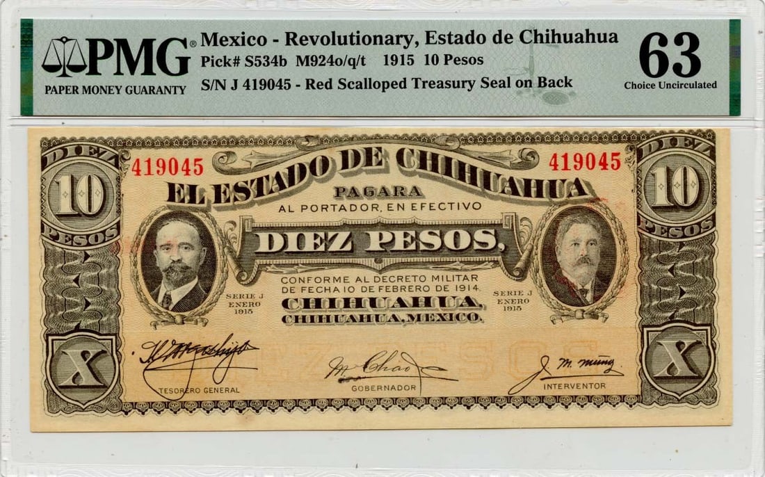 1915 Mexico 10 Pesos Estado de Chihuahua PMG MS64 Uncirculated: 1915 Mexico 10 Pesos Estado de Chihuahua PMG MS64 Uncirculated This 1915 10 Pesos banknote from the Estado de Chihuahua is a remarkable piece of Mexican revolutionary history. It has been graded by PM