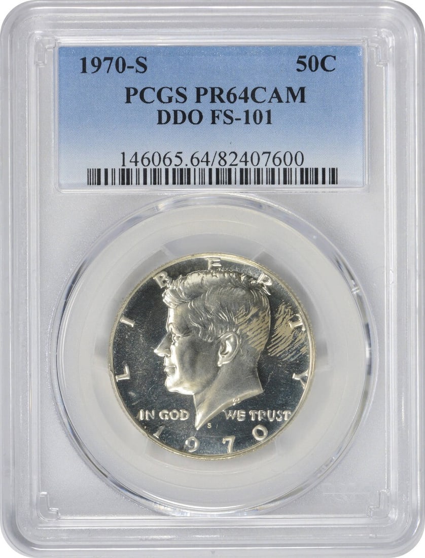 1970-S Kennedy Half Dollar DDO PR64CAM PCGS 40% Silver Proof: 1970-S Kennedy Half Dollar DDO PR64CAM PCGS 40% Silver Proof This 1970-S Kennedy Half Dollar is a stunning addition for any collector, featuring a deep cameo finish indicative of its proof strike. Gra