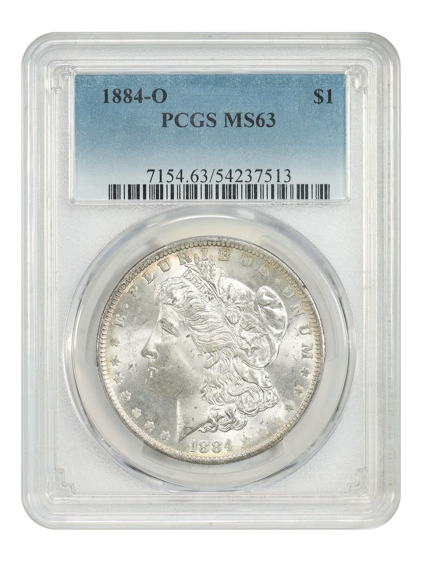 PCGS MS63 1884-O Morgan Silver Dollar New Orleans Mint: PCGS MS63 1884-O Morgan Silver Dollar New Orleans Mint This is an 1884-O Morgan Dollar graded MS63 by PCGS. Struck at the New Orleans Mint, this uncirculated coin is part of the popular Morgan Dollar 