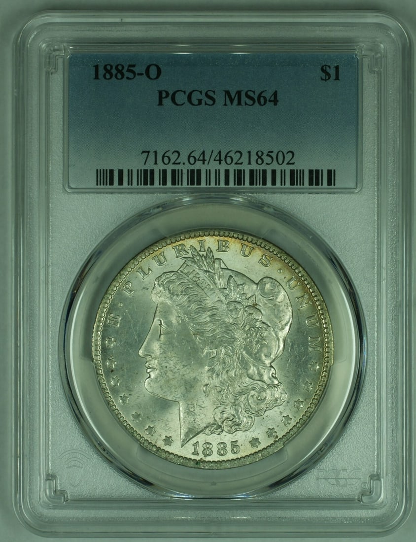 PCGS MS-64 1885-O Silver Morgan Dollar Uncirculated New Orleans Mint: PCGS MS-64 1885-O Silver Morgan Dollar Uncirculated New Orleans Mint This 1885-O Morgan Silver Dollar was minted in New Orleans and is certified by PCGS with a grade of MS-64. Composed of 90% silver, 