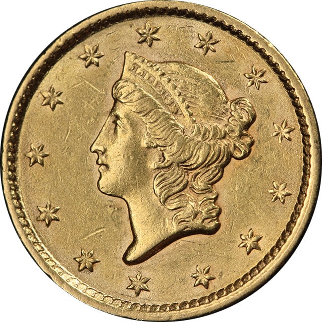 1852 Type 1 Liberty Gold Dollar Philadelphia AU to BU Grade: 1852 Type 1 Liberty Gold Dollar Philadelphia AU to BU Grade This 1852-P Type 1 Liberty Gold $1 coin features attractive luster, appealing color, and well-defined surfaces. The coin is graded as AU/BU 