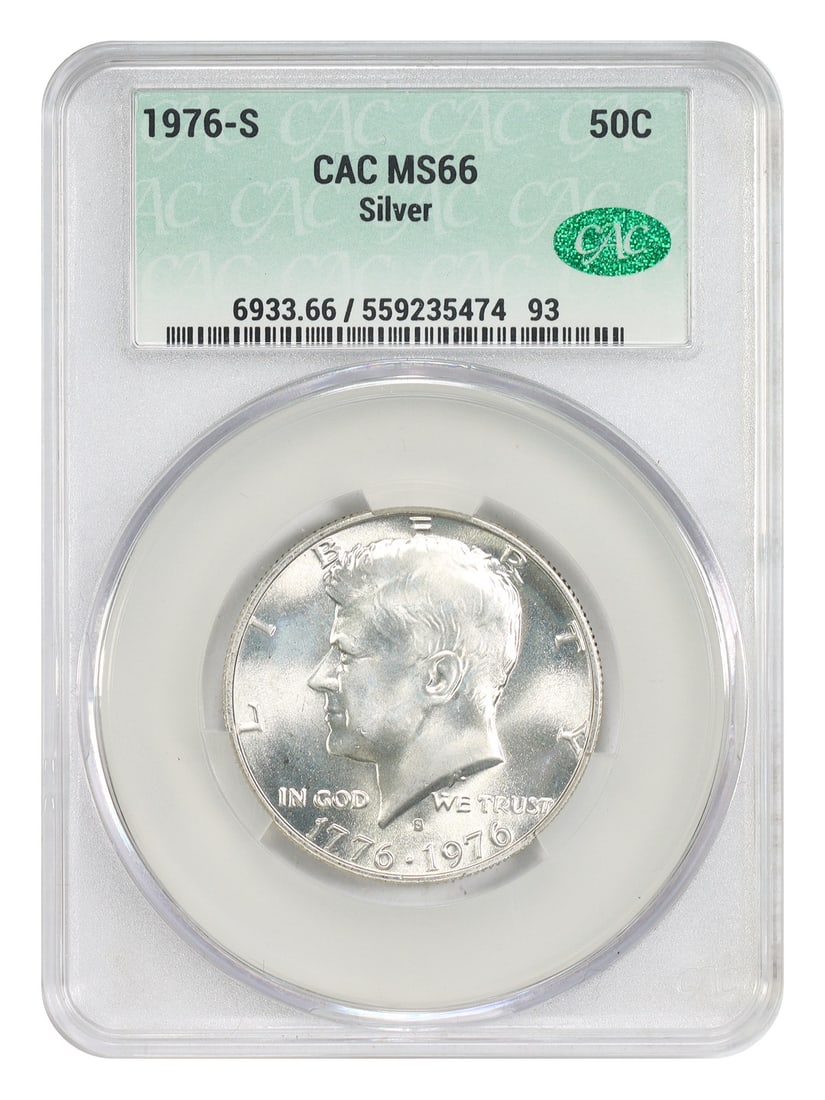 Kennedy Half Dollar 1976-S Silver CACG MS66 Uncirculated 50C Coin: Kennedy Half Dollar 1976-S Silver CACG MS66 Uncirculated 50C Coin This is a 1976-S Kennedy Half Dollar, composed of silver and graded MS66 by CACG. The coin is uncirculated and was minted in San Franc