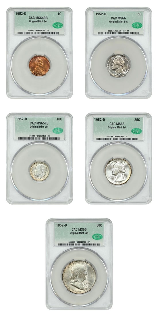 1952-D CACG MS64-66 Uncirculated Mint Set 1C-50C: 1952-D CACG MS64-66 Uncirculated Mint Set 1C-50C This stunning 1952-D 1C-50C Mint Set includes a collection of uncirculated coins certified by CACG, showcasing a range of grades from MS64 to MS66. The