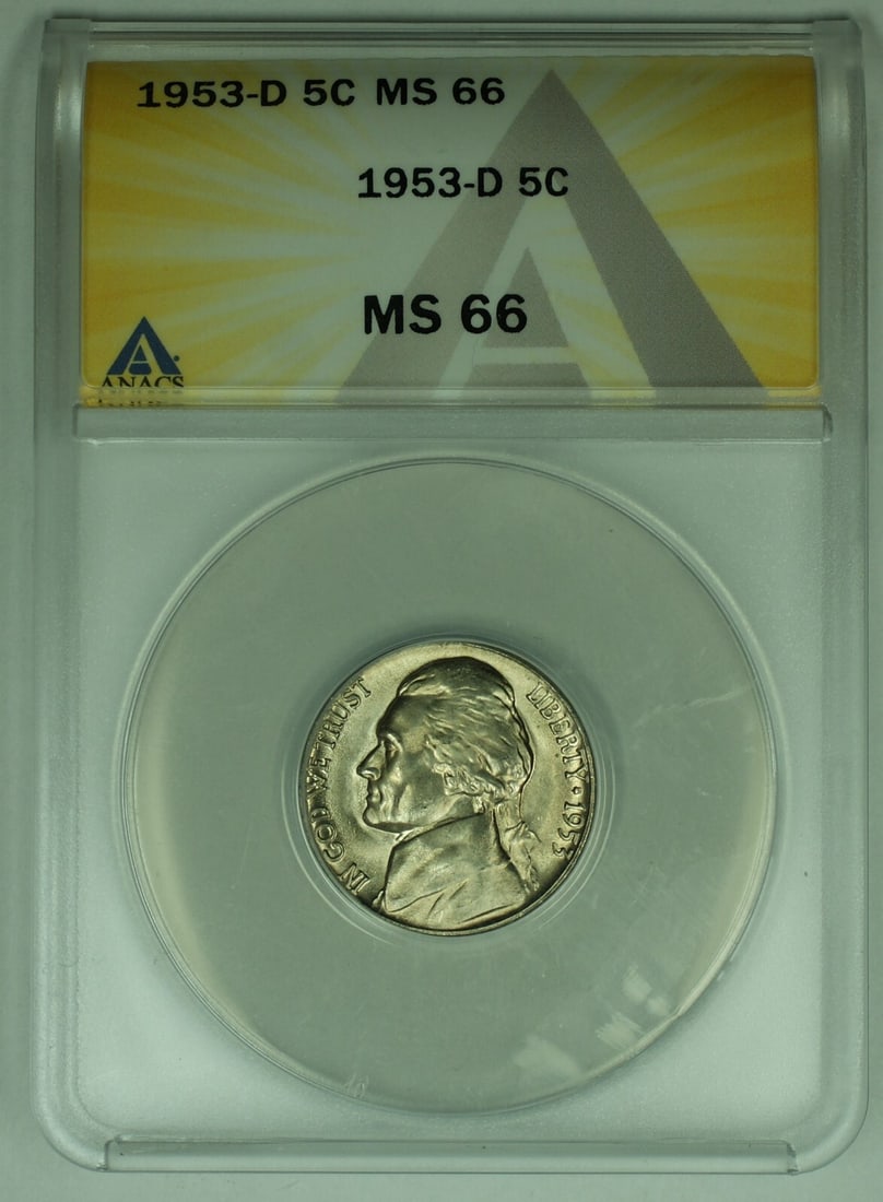 ANACS MS 66 1953-D Jefferson Nickel United States 5C Uncirculated: ANACS MS 66 1953-D Jefferson Nickel United States 5C Uncirculated This is a 1953-D Jefferson Nickel from the United States, featuring a denomination of 5 cents. The coin is uncirculated and has been g