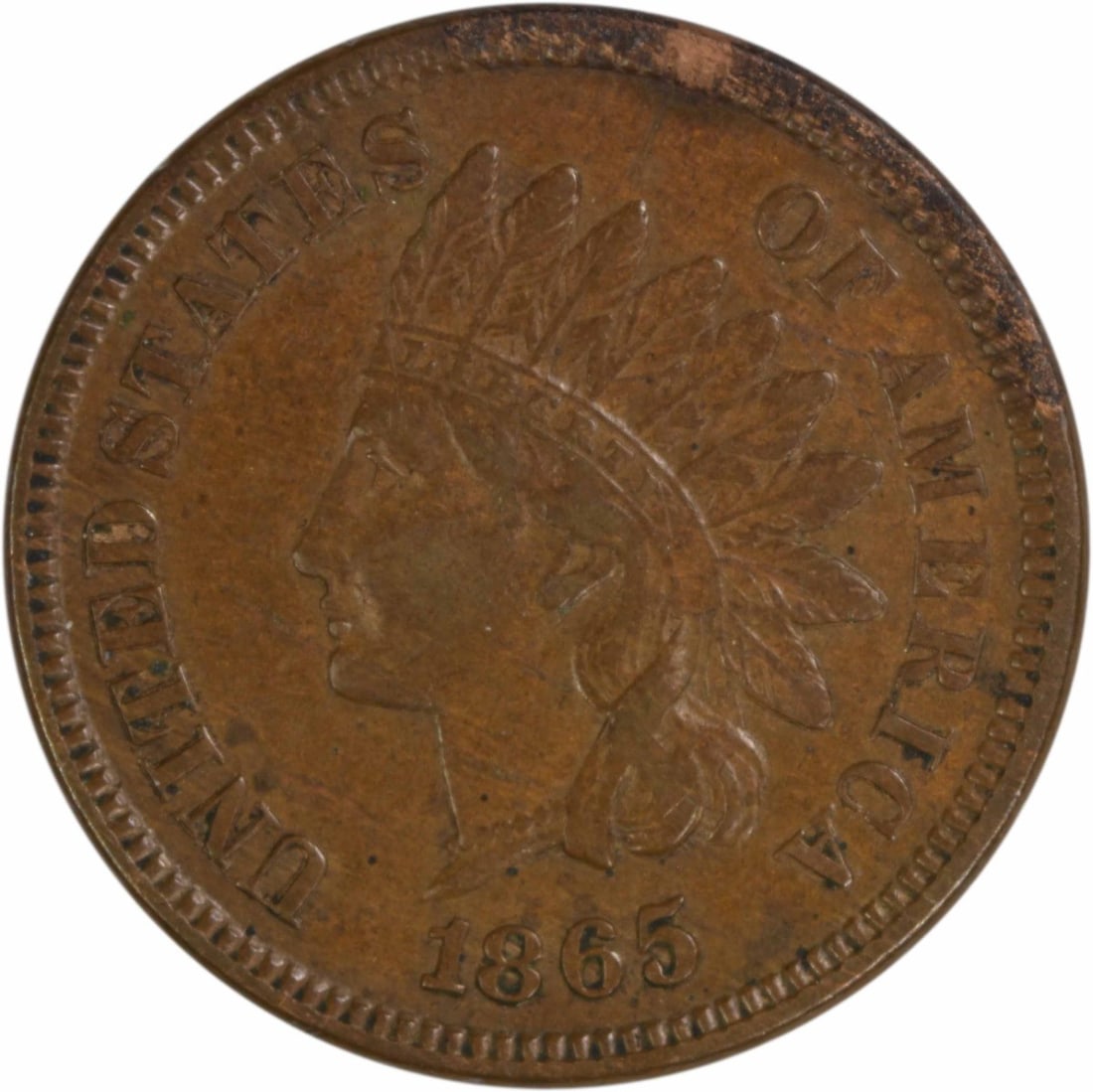 1865 Indian Head Small Cent AU Grade Philadelphia Uncertified: 1865 Indian Head Small Cent AU Grade Philadelphia Uncertified This is an 1865 Indian Head Cent from the Philadelphia Mint. The coin is circulated and graded as About Uncirculated (AU). It is composed 