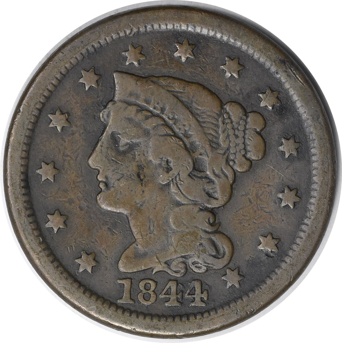 1844 Philadelphia Large Cent Copper Braided Hair Coin F Uncertified: 1844 Philadelphia Large Cent Copper Braided Hair Coin F Uncertified This 1844 Large Cent features the Braided Hair design by Christian Gobrecht, showcasing a rich history as a circulated coin. Minted 