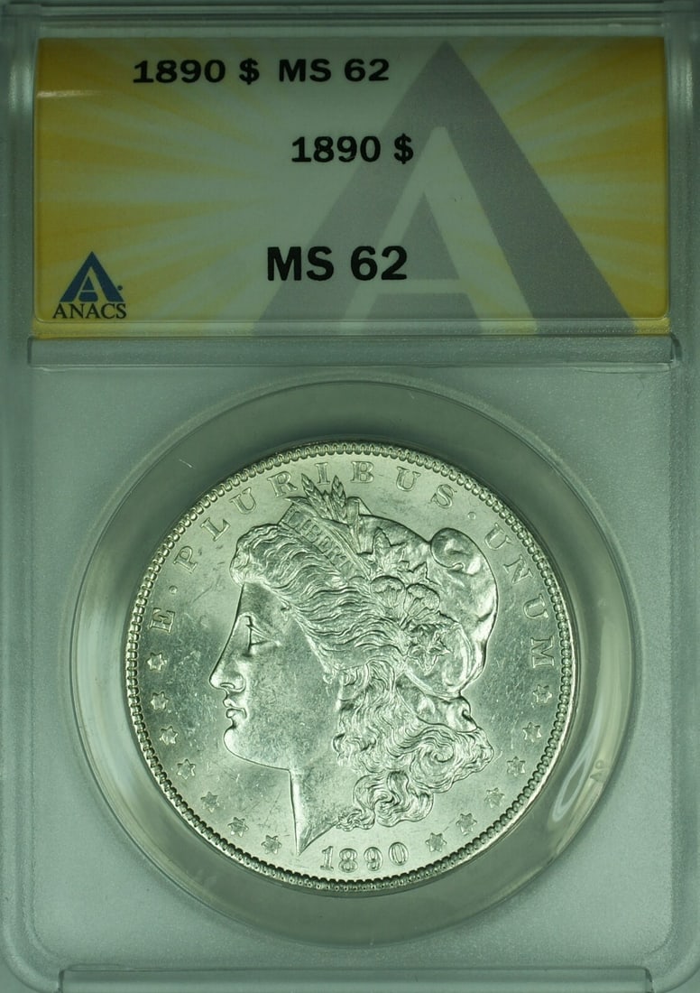 ANACS MS-62 1890 Morgan Silver Dollar Philadelphia Mint Certified Coin: ANACS MS-62 1890 Morgan Silver Dollar Philadelphia Mint Certified Coin This is an 1890 Morgan Silver Dollar from the United States, minted in Philadelphia. The coin is uncirculated, composed of 90% si