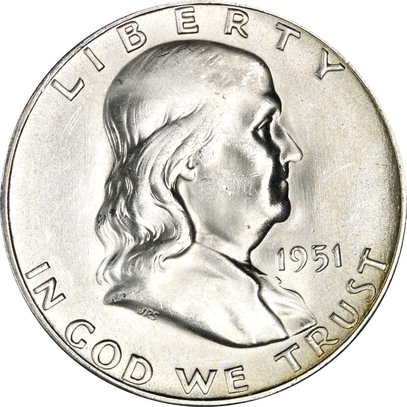1951 Silver Half Dollar San Francisco Mint Franklin Series: 1951 Silver Half Dollar San Francisco Mint Franklin Series This 1951-S Franklin Half Dollar is a circulated coin composed of silver with a fineness of 0.9. Minted in San Francisco, it originates from 