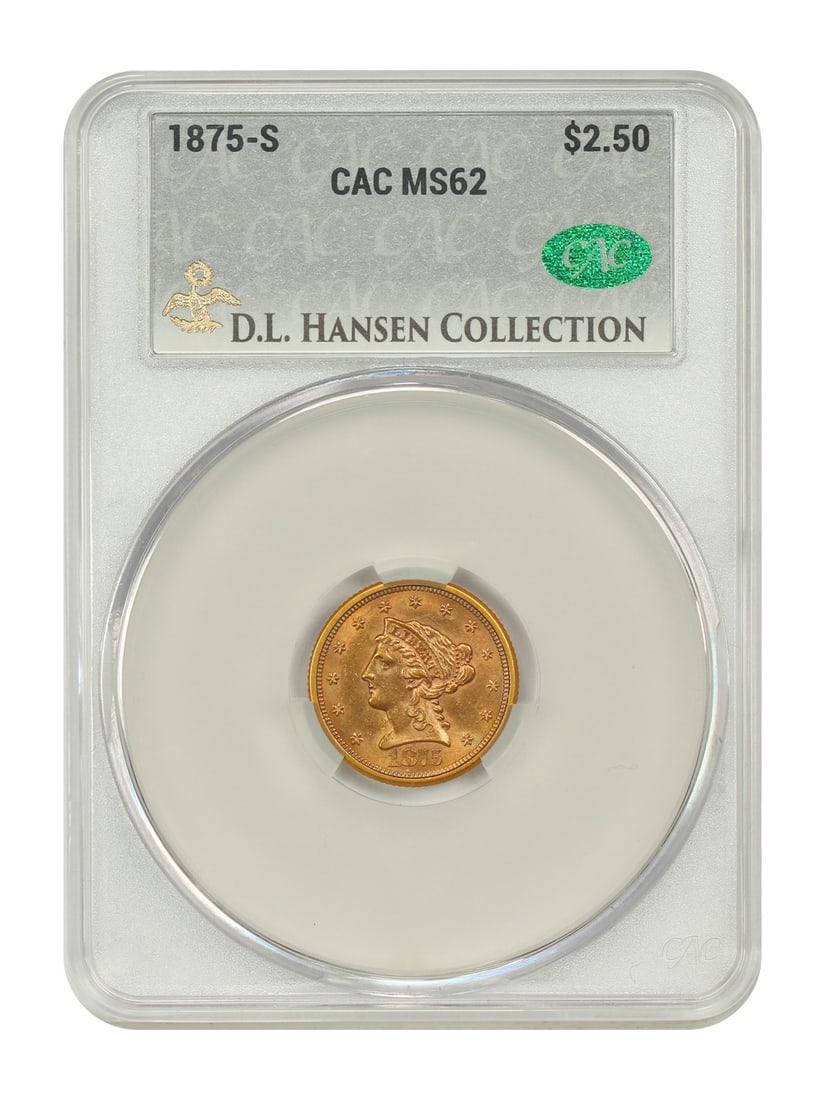 1875-S $2.50 CACG MS62 Liberty Head Gold Coin: 1875-S $2.50 CACG MS62 Liberty Head Gold Coin This stunning 1875-S Liberty Head $2.50 coin is graded MS62 by CACG, showcasing its uncirculated condition with a remarkable level of detail. Struck at th