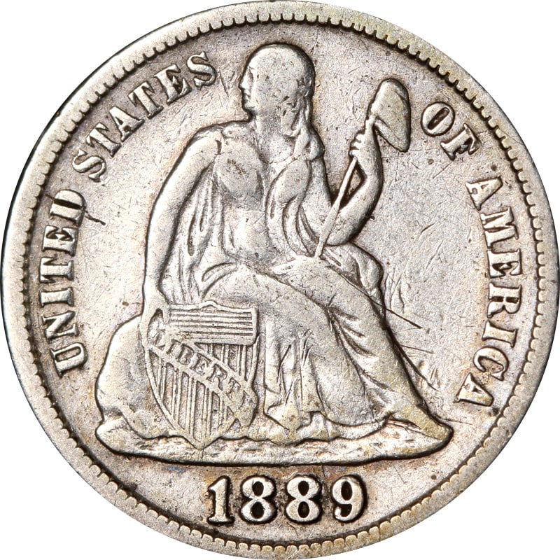 1889 San Francisco Silver Seated Liberty Dime United States Coin: 1889 San Francisco Silver Seated Liberty Dime United States Coin This is an 1889-S Seated Liberty Dime from the United States, composed of silver with a fineness of 0.9. The coin was minted in San Fra