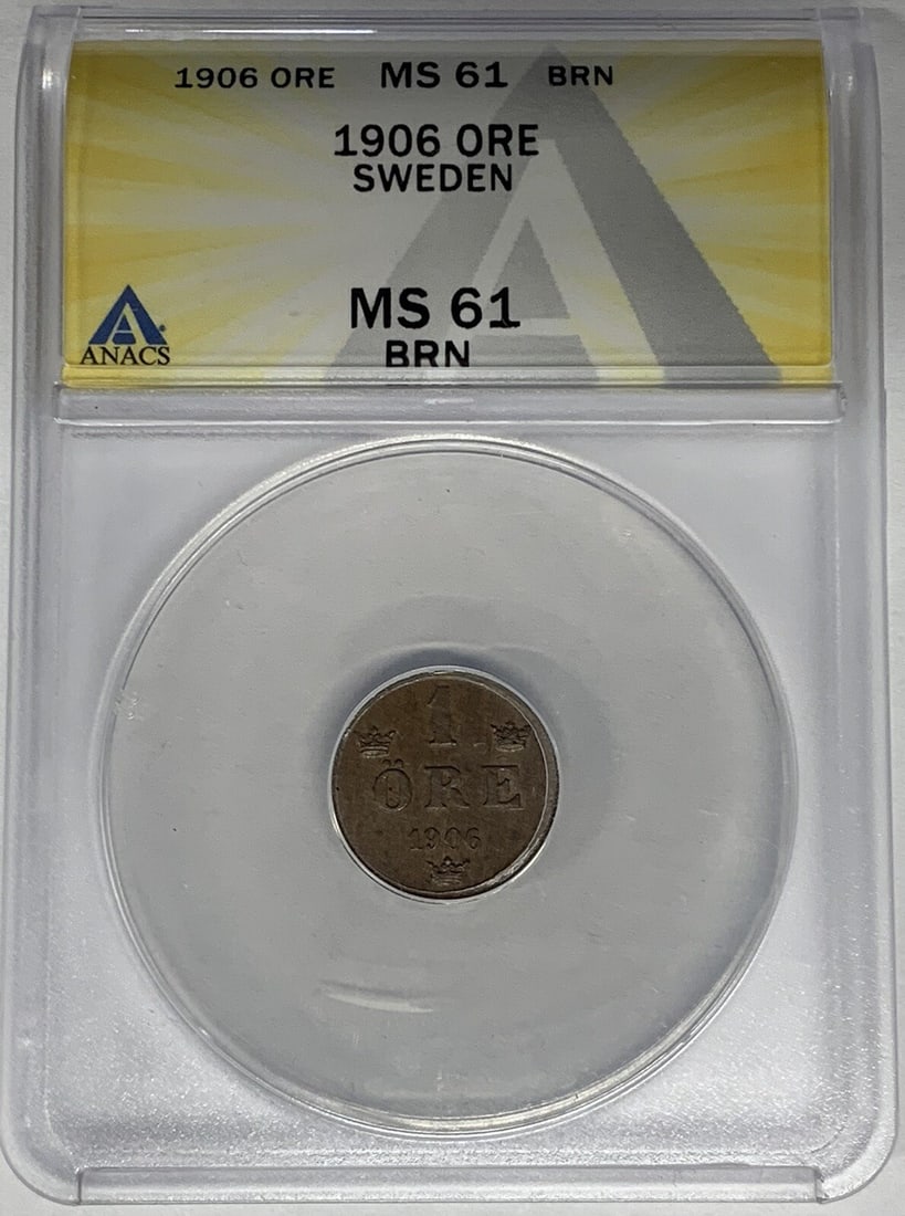 1906 Sweden 1 Ore Coin ANACS MS 61 Brown Certified: 1906 Sweden 1 Ore Coin ANACS MS 61 Brown Certified This 1906 Sweden 1 Ore coin has been certified by ANACS with a grade of MS 61 and displays a brown (BN) color. It is a pre-owned collectible from Swe