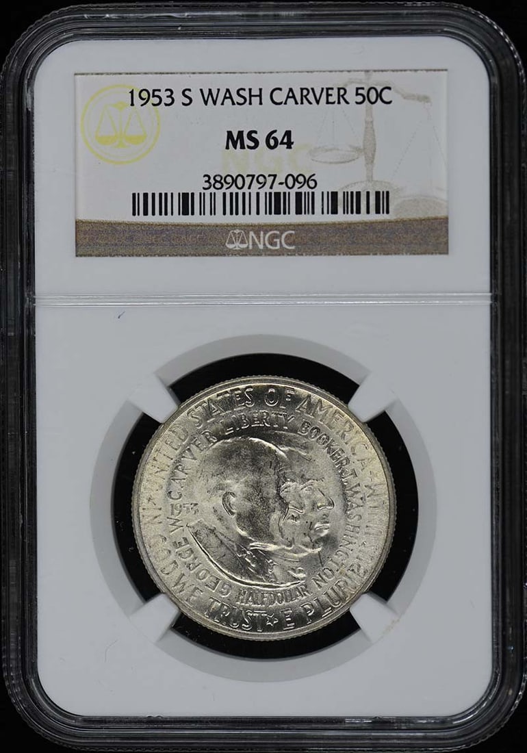 1953-S Washington-Carver Silver Half Dollar NGC MS64 Commemorative Coin: 1953-S Washington-Carver Silver Half Dollar NGC MS64 Commemorative Coin This is a 1953-S Washington-Carver Silver Commemorative 50-cent coin, graded MS64 by NGC. The coin was minted in San Francisco a