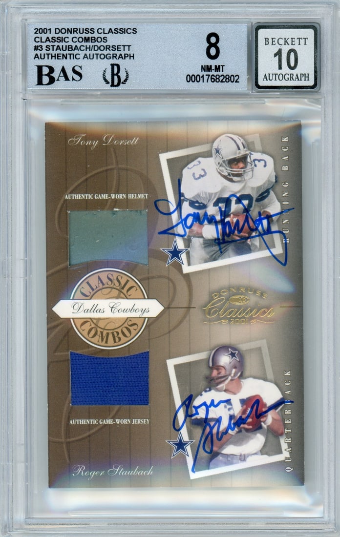 Staubach Dorsett Dual Signed Game Used Cowboys Card Donruss Classics #3 /100: Staubach Dorsett Dual Signed Game Used Cowboys Card Donruss Classics #3 /100 This 2001 Donruss Classics Classic Combos #3 sports trading card features Roger Staubach and Tony Dorsett of the Dallas Cow