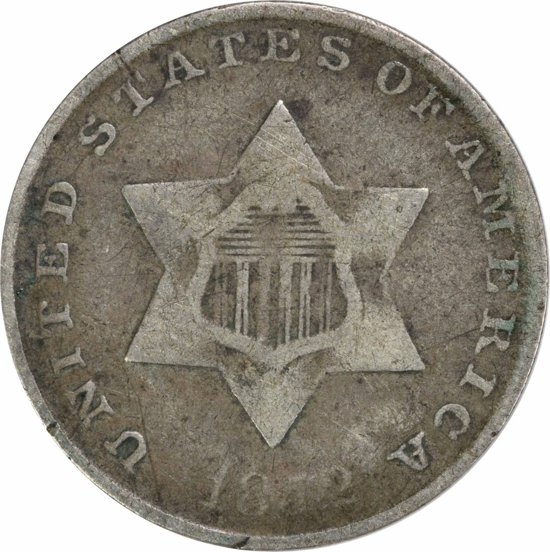 1852 Three Cent Silver Coin F Uncertified Philadelphia Mint: 1852 Three Cent Silver Coin F Uncertified Philadelphia Mint This 1852 Three Cent Silver coin is a remarkable piece of American numismatic history. Originating from the Philadelphia mint, it features a