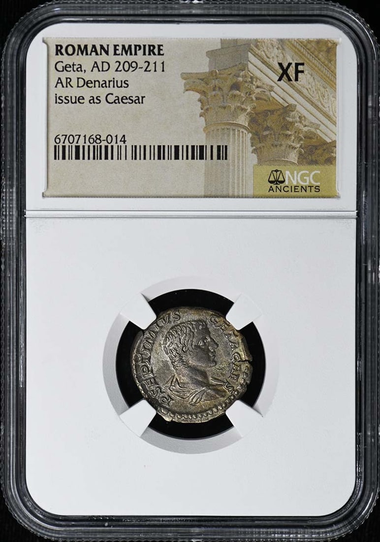 Roman Empire Denarius of Geta AD 209-211 NGC Graded XF40: Roman Empire Denarius of Geta AD 209-211 NGC Graded XF40 Roman Empire AR Denarius coin from the reign of Geta, dating to AD 209-211. Certified by NGC with a grade of XF40. This pre-owned coin originat