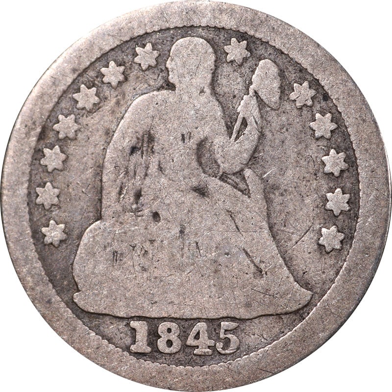 Key Date 1845-O Silver Seated Liberty Dime From New Orleans Mint: Key Date 1845-O Silver Seated Liberty Dime From New Orleans Mint This 1845-O Seated Liberty Dime is a key date coin minted in New Orleans. Crafted from silver, this circulated piece is a significant a