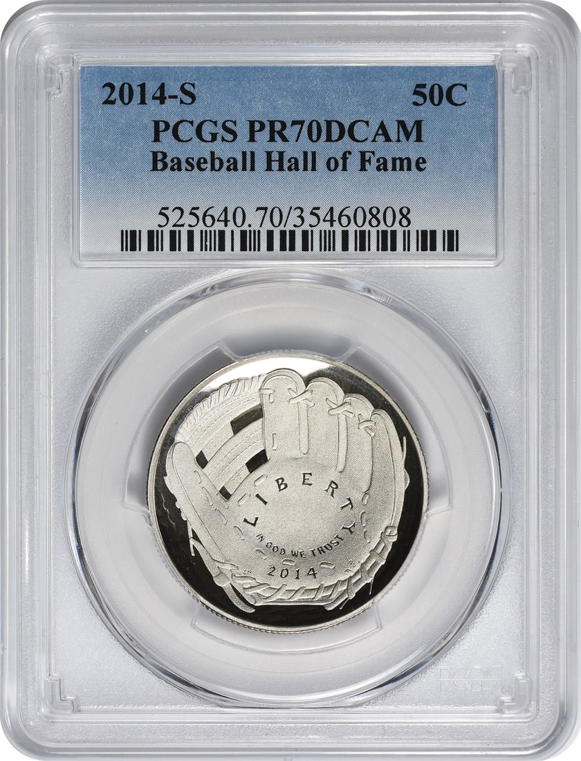 2014-S Hall of Fame Baseball Commemorative Half Dollar PR70 PCGS Proof: 2014-S Hall of Fame Baseball Commemorative Half Dollar PR70 PCGS Proof This stunning 2014-S Hall of Fame Baseball Commemorative Half Dollar features a PR70 Deep Cameo grade certified by PCGS, ensuring