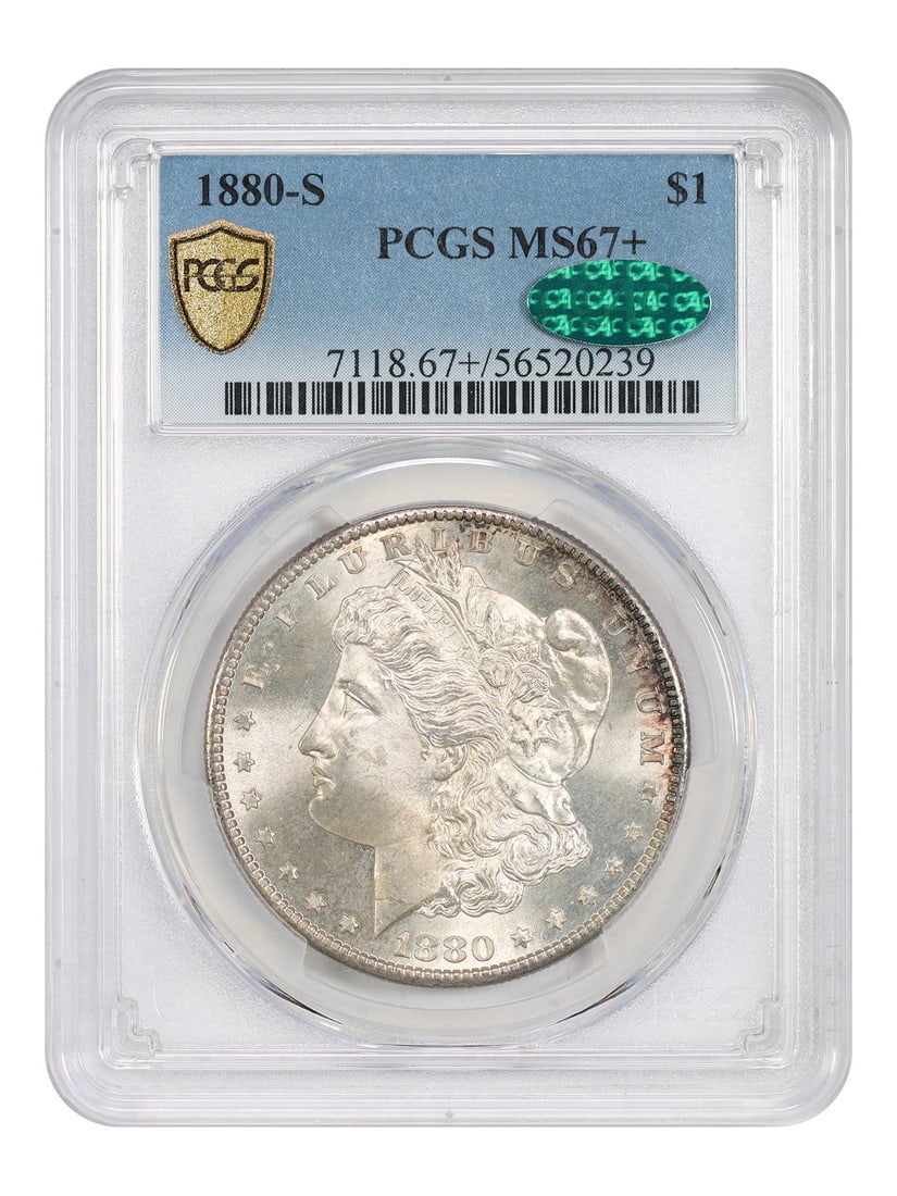 PCGS CAC MS67 Plus 1880 San Francisco Morgan Silver Dollar: PCGS CAC MS67 Plus 1880 San Francisco Morgan Silver Dollar This 1880-S Morgan Dollar is certified by PCGS with a CAC approval and graded MS67+. It is uncirculated and features radiant luster, showcasi