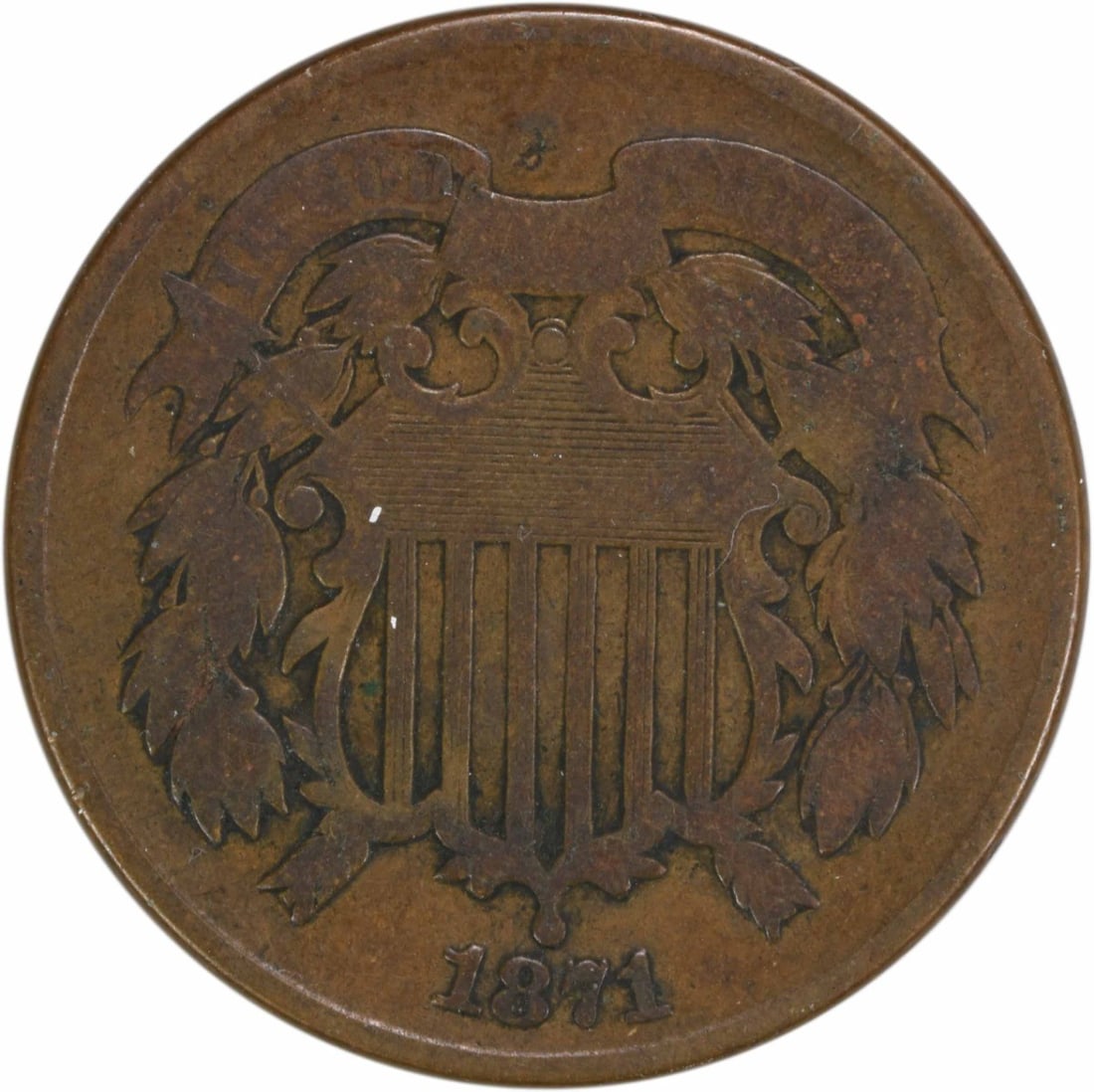 1871 Two Cent Piece Bronze Coin by Longacre: 1871 Two Cent Piece Bronze Coin by Longacre Discover the historical 1871 Two Cent Piece, a remarkable addition for coin collectors. This piece is in VG grade, indicating it has been circulated and sho