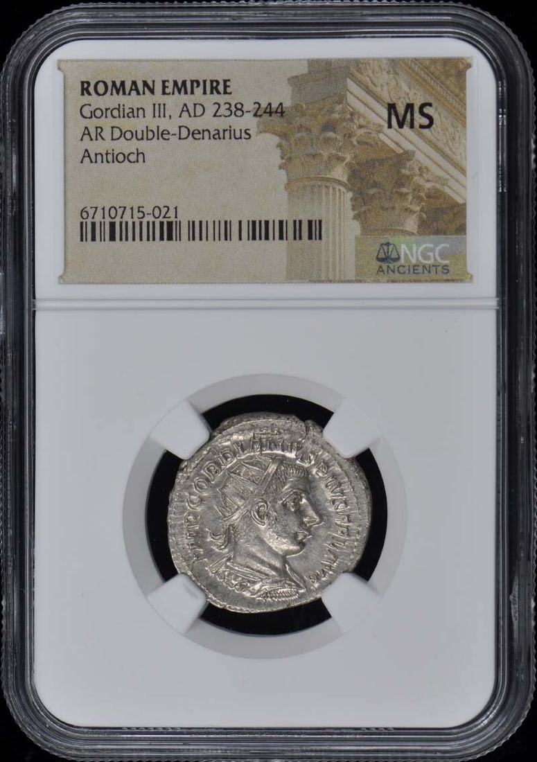 Gordian III Ancient Roman AR Double-Denarius NGC MS60 Coin: Gordian III Ancient Roman AR Double-Denarius NGC MS60 Coin This ancient Roman coin features Gordian III, who ruled from AD 238 to 244. It is an AR Double-Denarius graded MS60 by NGC, ensuring its qual