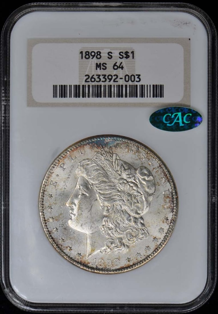 NGC MS64 CAC 1898-S Morgan Silver Dollar Uncirculated San Francisco Mint: NGC MS64 CAC 1898-S Morgan Silver Dollar Uncirculated San Francisco Mint This 1898-S Morgan Dollar is certified by NGC with a grade of MS64 and features a CAC designation. The coin is uncirculated and