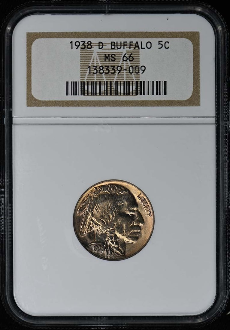 NGC MS66 1938 Denver Mint Buffalo Nickel Five Cent Type 2: NGC MS66 1938 Denver Mint Buffalo Nickel Five Cent Type 2 This is a 1938-D Buffalo Nickel, Type 2, certified by NGC with a grade of MS66. The coin was minted in Denver and remains uncirculated, retain