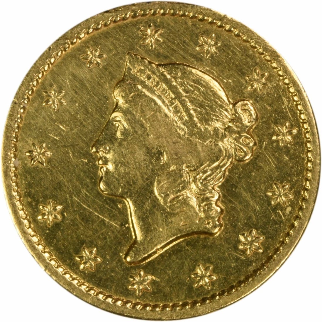 1849 Philadelphia One Dollar Gold Coin Type 1 Extra Fine Uncertified: 1849 Philadelphia One Dollar Gold Coin Type 1 Extra Fine Uncertified This 1849 $1 Gold Type 1 coin from the Philadelphia Mint features a composition of 90% gold and 10% copper. Designed by James Barto