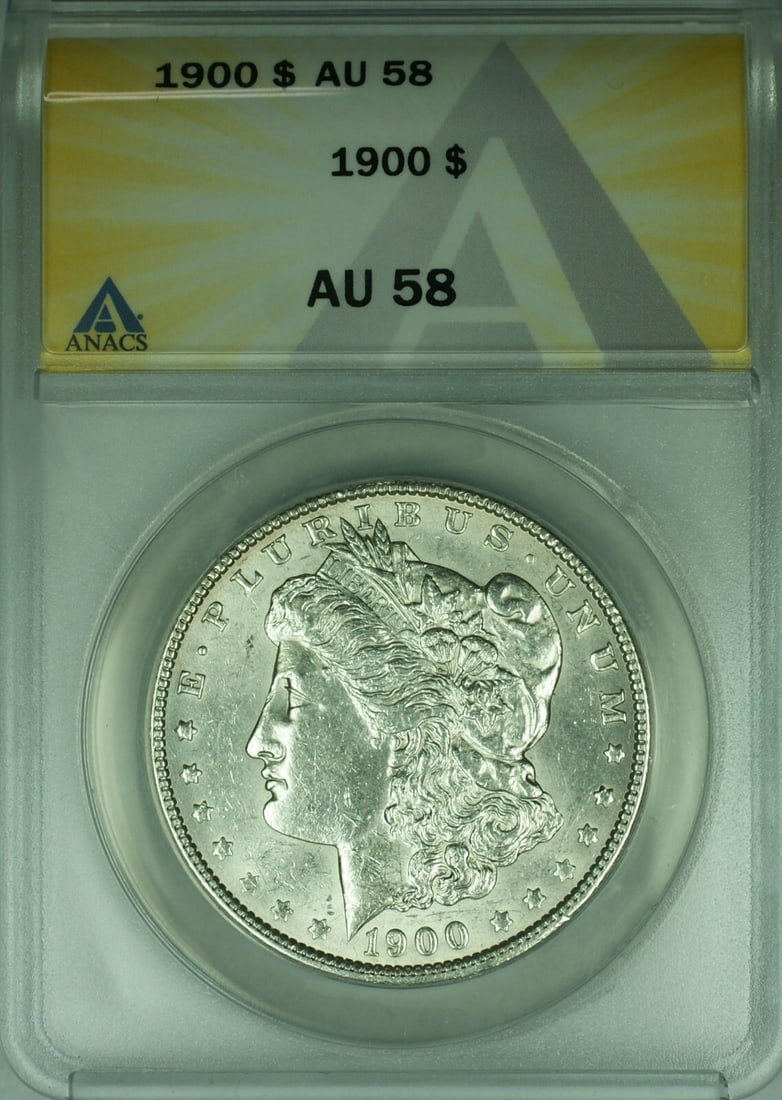ANACS AU-58 Graded 1900 Morgan Silver Dollar Coin Philadelphia Mint: ANACS AU-58 Graded 1900 Morgan Silver Dollar Coin Philadelphia Mint This 1900 Morgan Silver Dollar is graded AU-58 by ANACS and was minted in Philadelphia. Composed of silver, this $1 coin features th