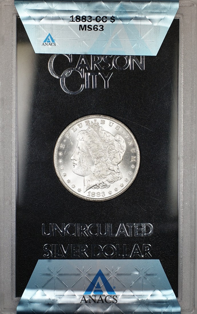 ANACS MS-63 1883-CC Morgan Dollar with GSA Box and COA Silver Coin: ANACS MS-63 1883-CC Morgan Dollar with GSA Box and COA Silver Coin This is an 1883-CC GSA Hoard Morgan Silver Dollar $1 coin graded MS-63 by ANACS. The coin is uncirculated and comes with its original