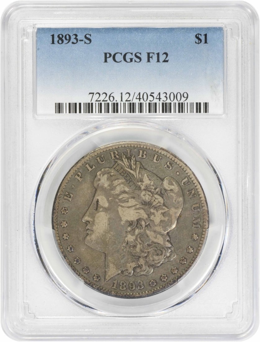 PCGS F12 1893 San Francisco Morgan Dollar 90 Percent Silver Coin: PCGS F12 1893 San Francisco Morgan Dollar 90 Percent Silver Coin This 1893-S Morgan Silver Dollar is certified by PCGS with a grade of F12. Minted in San Francisco, it features a composition of 90% si