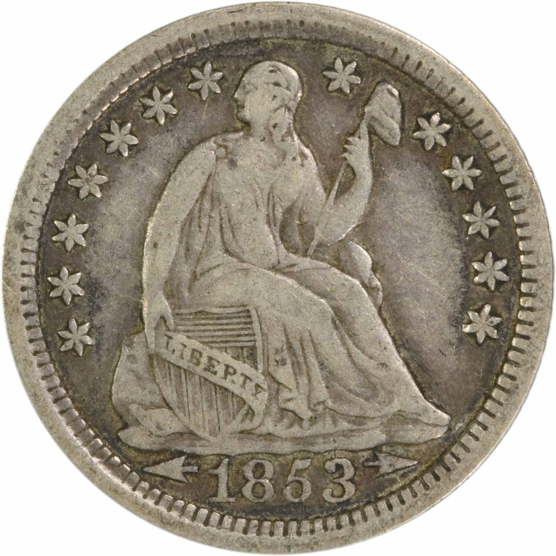1853 Liberty Seated Half Dime 90% Silver Uncertified: 1853 Liberty Seated Half Dime 90% Silver Uncertified This 1853 Liberty Seated Silver Half Dime features the esteemed design by Christian Gobrecht, representing a significant piece of American numismat