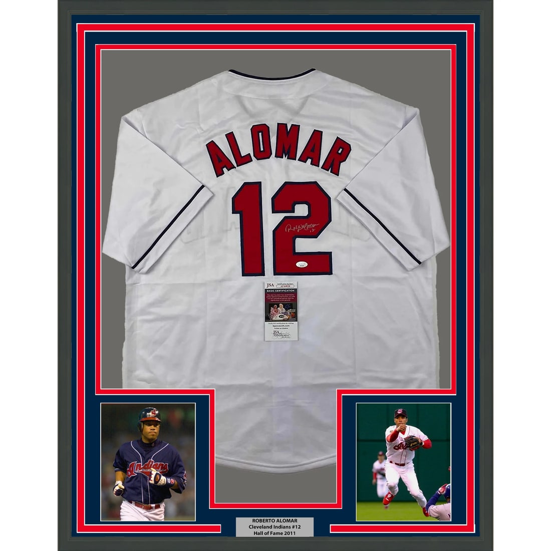 Framed Signed Roberto Alomar Cleveland Jersey with JSA COA: Framed Signed Roberto Alomar Cleveland Jersey with JSA COA This professionally framed and matted collectible features an original autographed Roberto Alomar Cleveland Indians jersey. The jersey measur