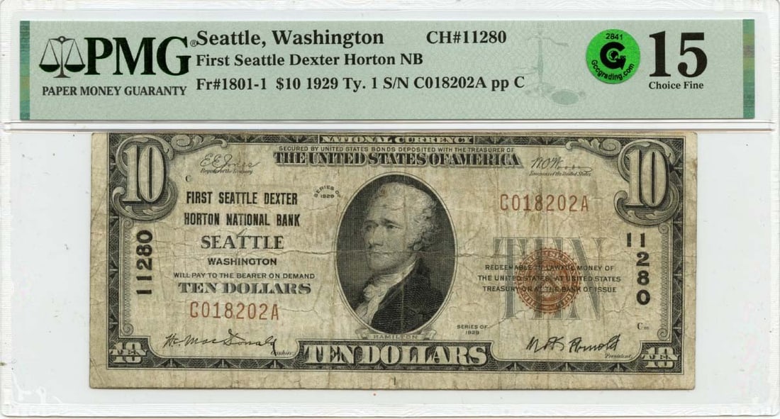 1929 $10 Dexter Horton National Bank Seattle WA PMG F15 Certified: 1929 $10 Dexter Horton National Bank Seattle WA PMG F15 Certified This 1929 $10 note from Dexter Horton National Bank in Seattle, Washington, features a denomination of 1801-1 and is graded F15 by PMG