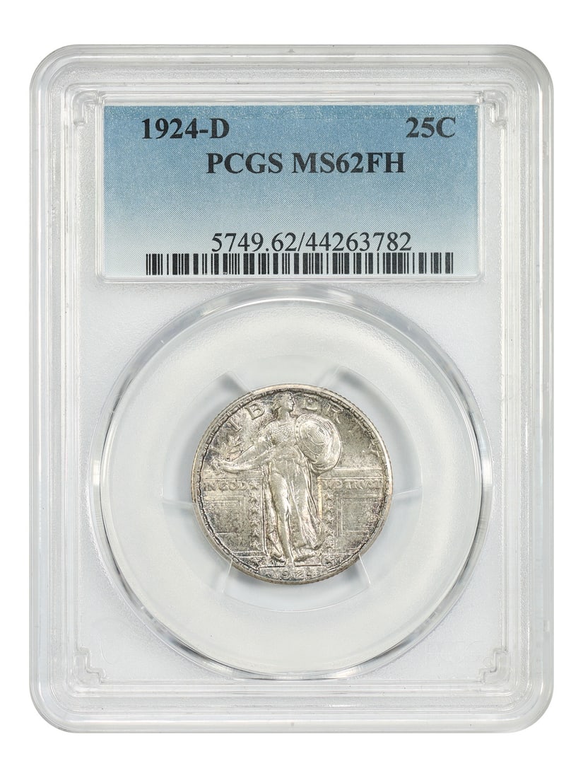 PCGS MS62FH Standing Liberty Quarter 1924-D Denver Mint 25C Coin: PCGS MS62FH Standing Liberty Quarter 1924-D Denver Mint 25C Coin This 1924-D Standing Liberty Quarter is certified by PCGS with a grade of MS62FH. The coin features lustrous surfaces with distinctive 