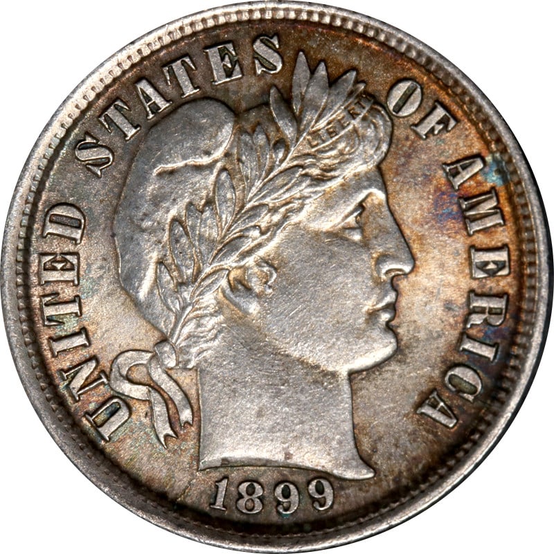 1899-P Barber Dime 90% Silver Circulated Coin: 1899-P Barber Dime 90% Silver Circulated Coin This 1899-P Barber Dime showcases a unique characteristic with a reverse that has been cleaned. The coin is composed of 90% silver and is from the Philade