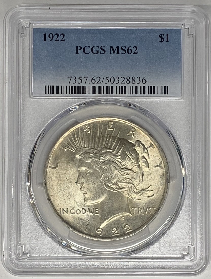 PCGS Certified 1922 Peace Dollar MS 62 Uncirculated Silver Coin: PCGS Certified 1922 Peace Dollar MS 62 Uncirculated Silver Coin This is a 1922 Peace Silver Dollar coin from the United States, graded MS 62 by PCGS. The coin is uncirculated and features the iconic P