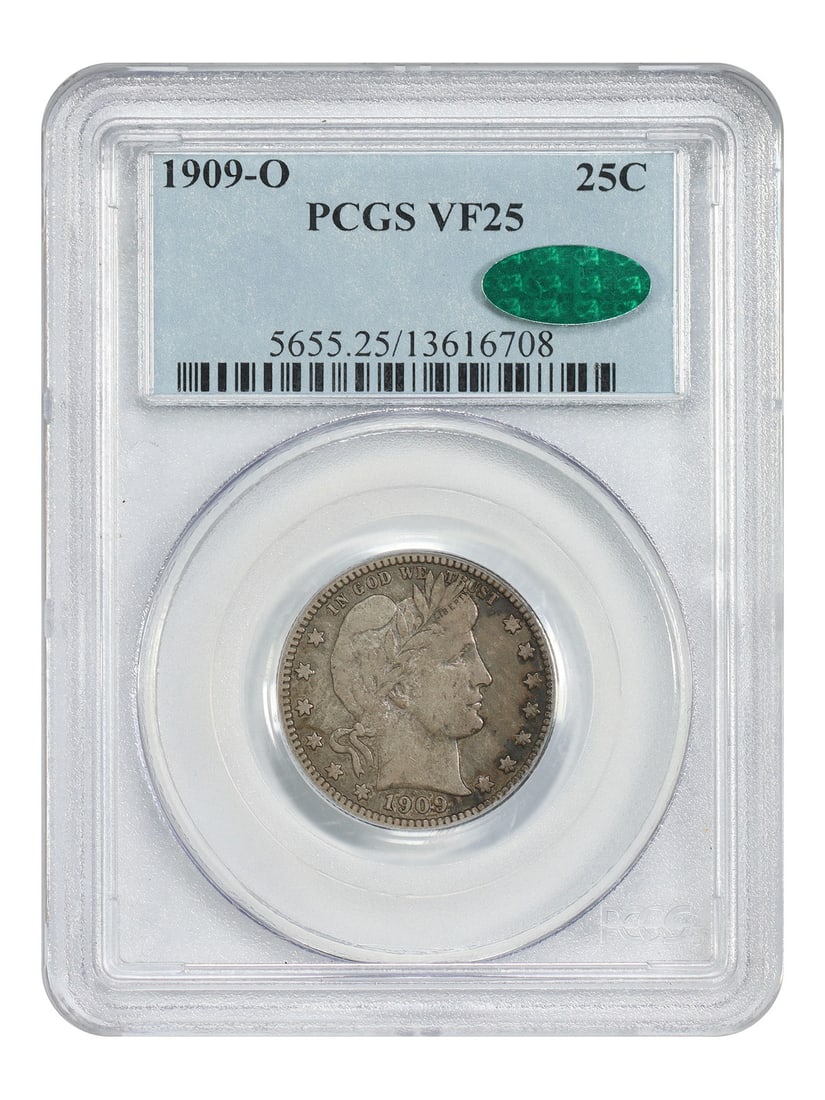 PCGS CAC Certified 1909-O Barber Quarter VF25 New Orleans Mint: PCGS CAC Certified 1909-O Barber Quarter VF25 New Orleans Mint This 1909-O Barber Quarter is a circulated example graded VF25 by PCGS and approved by CAC. Minted in New Orleans, this midgrade coin is 