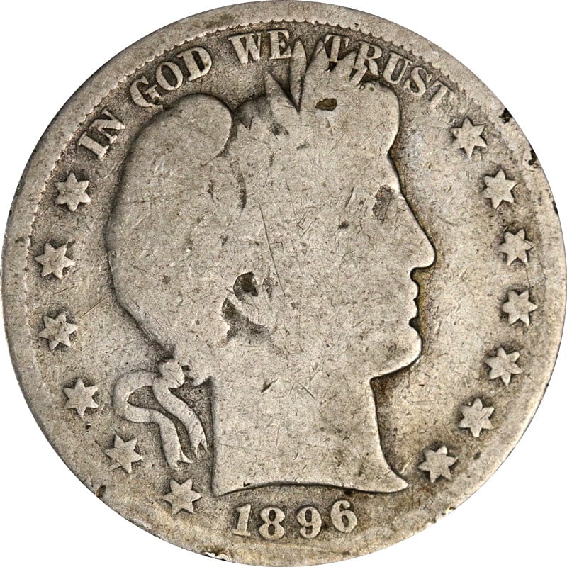 1896 San Francisco Barber Half Dollar Silver Coin United States: 1896 San Francisco Barber Half Dollar Silver Coin United States This 1896-S Barber Half Dollar is a circulated silver coin minted in San Francisco. It features a composition with a fineness of 0.9 and
