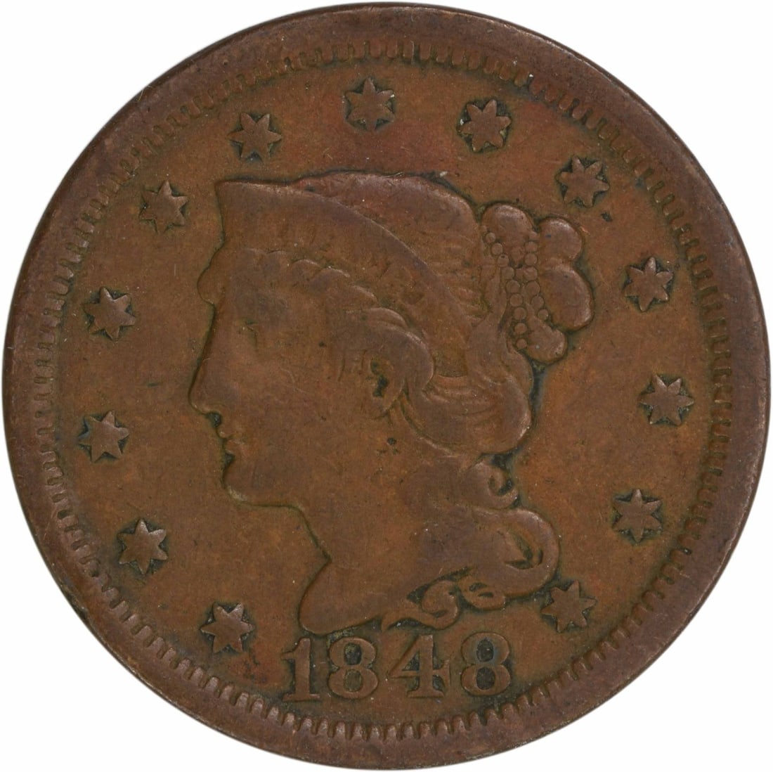 1848 Large Cent Braided Hair Copper Coin Uncertified: 1848 Large Cent Braided Hair Copper Coin Uncertified This 1848 Large Cent features a design by Christian Gobrecht, showcasing the iconic Braided Hair motif. The coin is classified as Very Fine (VF) an