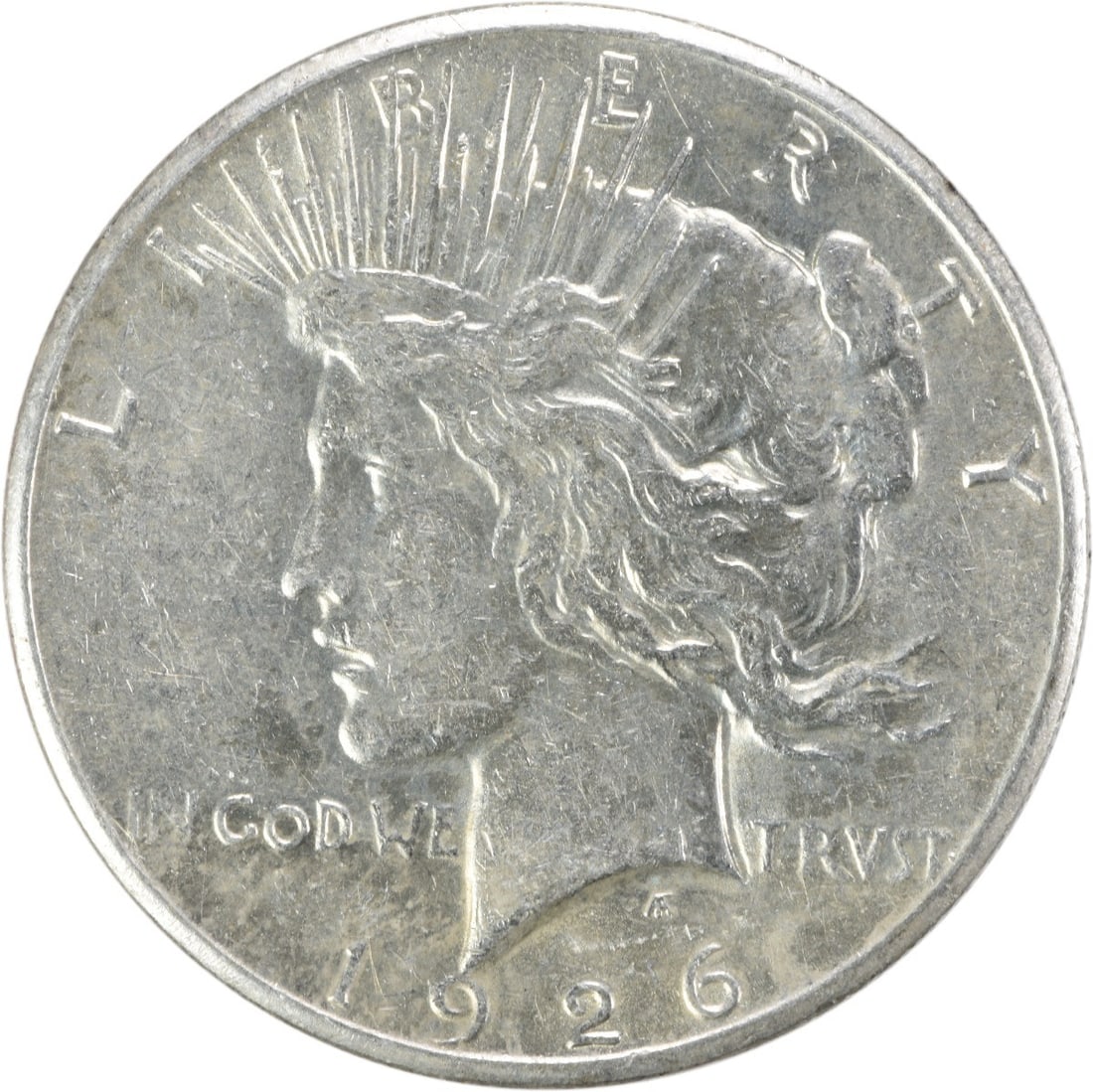 1926 Philadelphia Peace Dollar AU Grade 90 Percent Silver Uncertified: 1926 Philadelphia Peace Dollar AU Grade 90 Percent Silver Uncertified This is a 1926 Peace Silver Dollar from the Philadelphia Mint, designed by Anthony de Francisci. The coin is composed of 90% silve