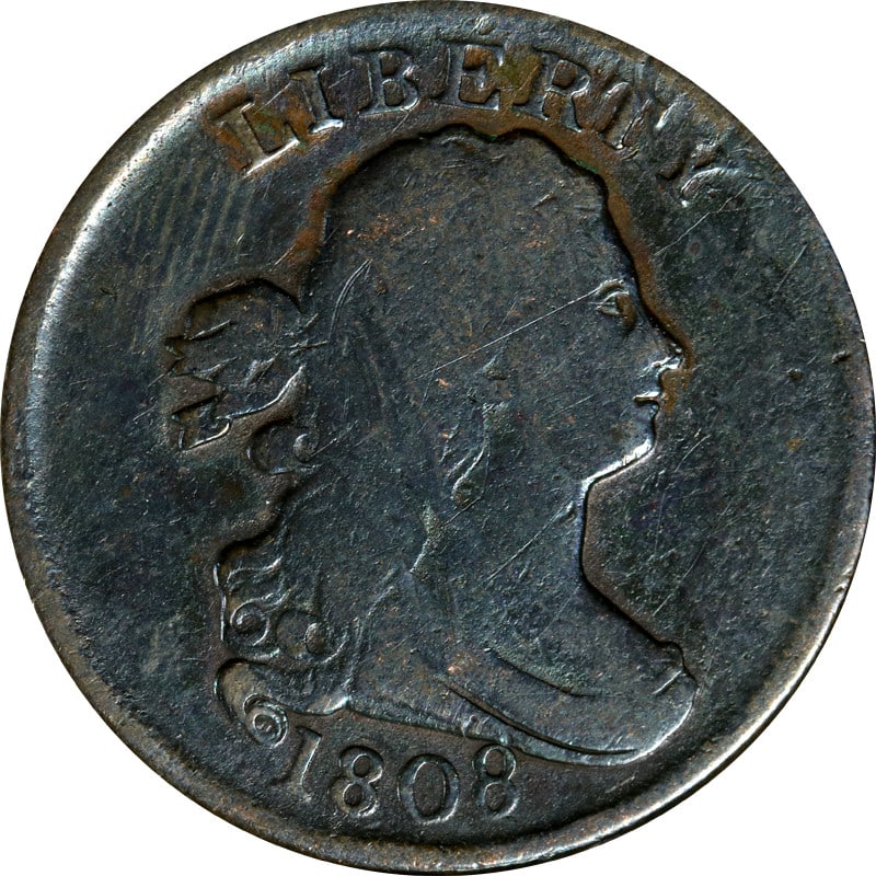 1808 United States Draped Bust Copper Half Cent Coin: 1808 United States Draped Bust Copper Half Cent Coin This is an 1808 Draped Bust Half Cent from the United States, composed of copper. The coin is circulated and pre-owned, and is not certified. Speci