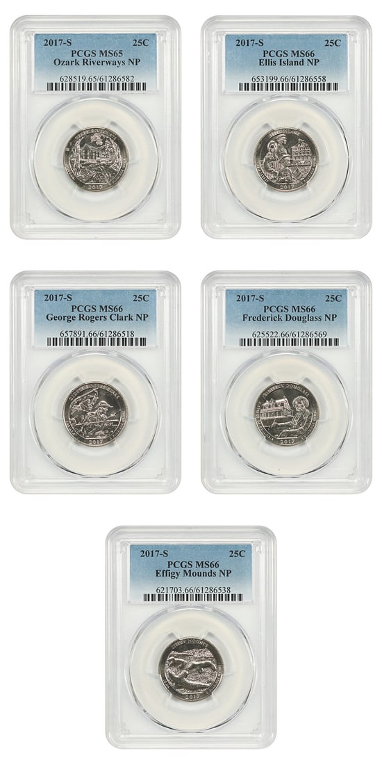 Set of 5 2017-S Clad Washington Quarters PCGS MS65-66 Type 1: Set of 5 2017-S Clad Washington Quarters PCGS MS65-66 Type 1 This lot includes five 2017-S Washington America the Beautiful Quarters, each certified by PCGS as MS65 or MS66. The set features the follo