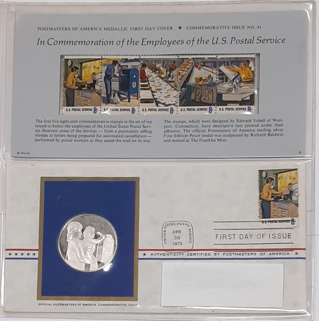 Sterling Silver 1973 US Postal Employees Commemorative Medal by Franklin Mint: Sterling Silver 1973 US Postal Employees Commemorative Medal by Franklin Mint This 1973 Postmasters of America Commemorative Silver Medal pays tribute to U.S. Postal Service employees. Struck in 0.925